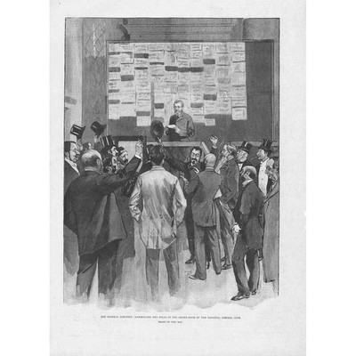 ALLGEMEINE WAHL Ankündigung der Umfragen im Liberalen Club - Antikdruck 1892