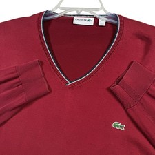 Lacoste V-Neck Sweater Mens XL Burgundy Red Cotton Striped Trim Logo