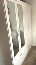 White 4 Door Mirrored Freestanding Wardrobe with 2 Drawers Matte Finish