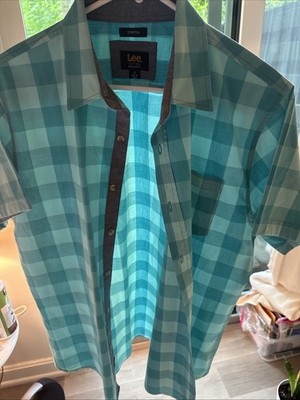 Lee Stretch Short Sleeve Button Down Casual Shirt Aqua Blue MEDIUM