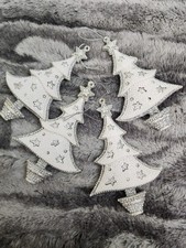 Christmas Ornaments Pine Trees Shatterproof Silver  White Glitter Decor Set 4