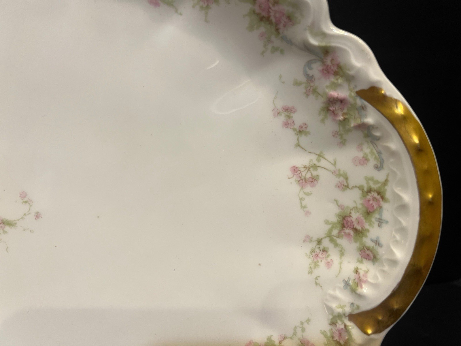 1905 Circa Theodore Haviland Limoges Oval Platter Pink Roses Gold Gilt 16.5x11"