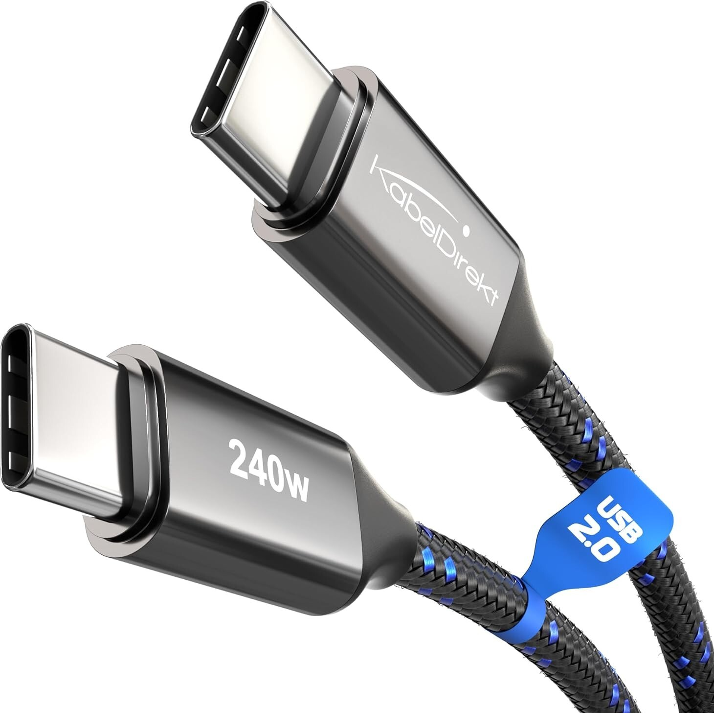 KabelDirekt USB-C to USB-C Cable 3m 240W Black Nylon Braided Lead iPad Mac PS5