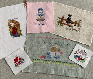 Lot OF 6 COMPLETED Needlepoint Easter, Sheep, Holiday Vintage Cross Stitch Art
