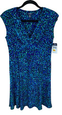 Women's Chaps Blue Green Sleeveless V-Neck Knee Length Knit Sheath Dress Size L