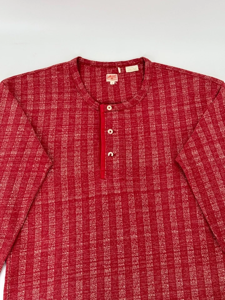 LVC Levi's Roupas Vintage 1920 Pôr do Sol Henley Listra Âmbar Vermelha Tamanho Pequeno Anos 20 - Imagem 2 de 4