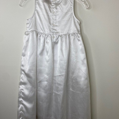 White Sleeveless Girls Dress With Embroidered Flowers & Button Back Closure Sz 7 - Picture 4 of 10