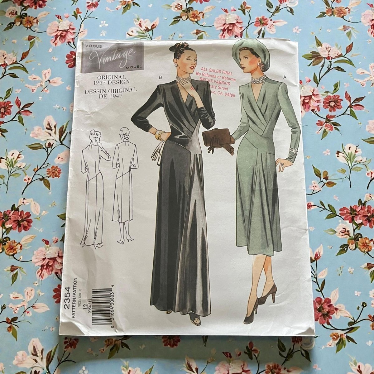 Vintage 1947 Vogue Dress Sewing Pattern 2354 Unused, Uncut FF
