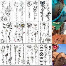 Flower Words Temporary Tattoos for Women Girls - Long Last Waterproof Realistic