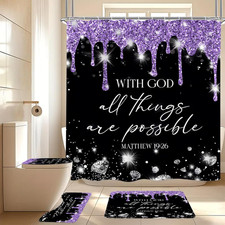 4 Pcs Purple Silver Diamonds Shower Curtain Set with Rugs Toilet Lid Cover, Bl
