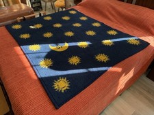 Vtg Biederlack Celestial Throw Blanket Sun Moon Stars Blue Yellow Reversible