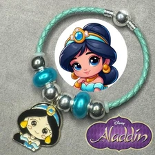JASMINE Aladdin Aqua Blue Braided Leather 3mm Snake Chain Charm Bracelet Gift ✨