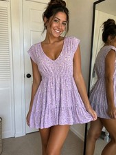 No Boundaries Lavender Floral Short Sleeve Mini Dress V-Neck L