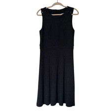 LOFT Black Textured Knit A-Line Dress Sleeveless Shoulder Button Accent Size 8