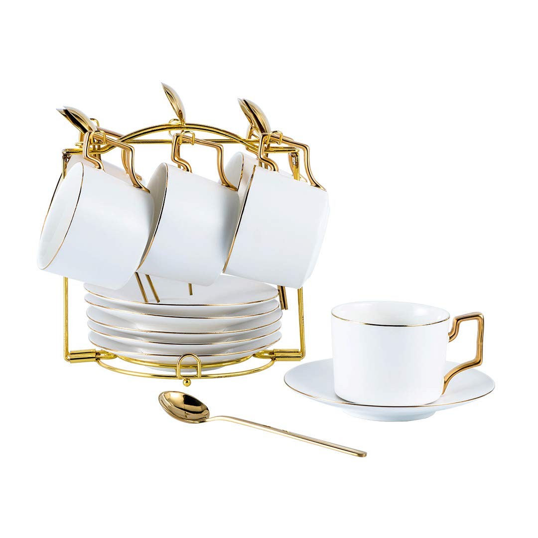 Ceramic Demitasse Espresso Cups Set with Saucers and Metal Stand 7 oz Porcelain Coffee Mugs  
