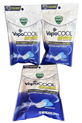 3 pack-NEW Vicks VapoCool Severe Sore Throat Drops, Max Menthol Winterfrost 18ct
