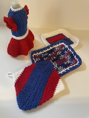 Handmade Kitchen Crochet Dress Dishcloth Potholder Set 5 Pc Red/Blue/White  | eBay