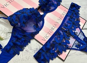 Victoria's Secret LUXE Unlined Floral Embroidered Demi Bra Thong Set Blue Oar