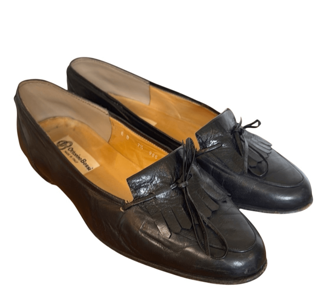 Ottorino Bossi Italy Vintage black fringe leather loafers 7.5