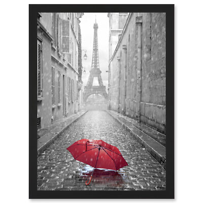 Eiffel Tower In Paris Red Umbrella Rain Alley Cobbles Framed A4 Wall Art Print