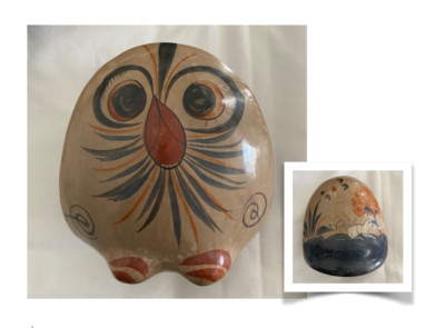 Decorative 5'' Owl Handpainted with Rabbit scene on the back Unique