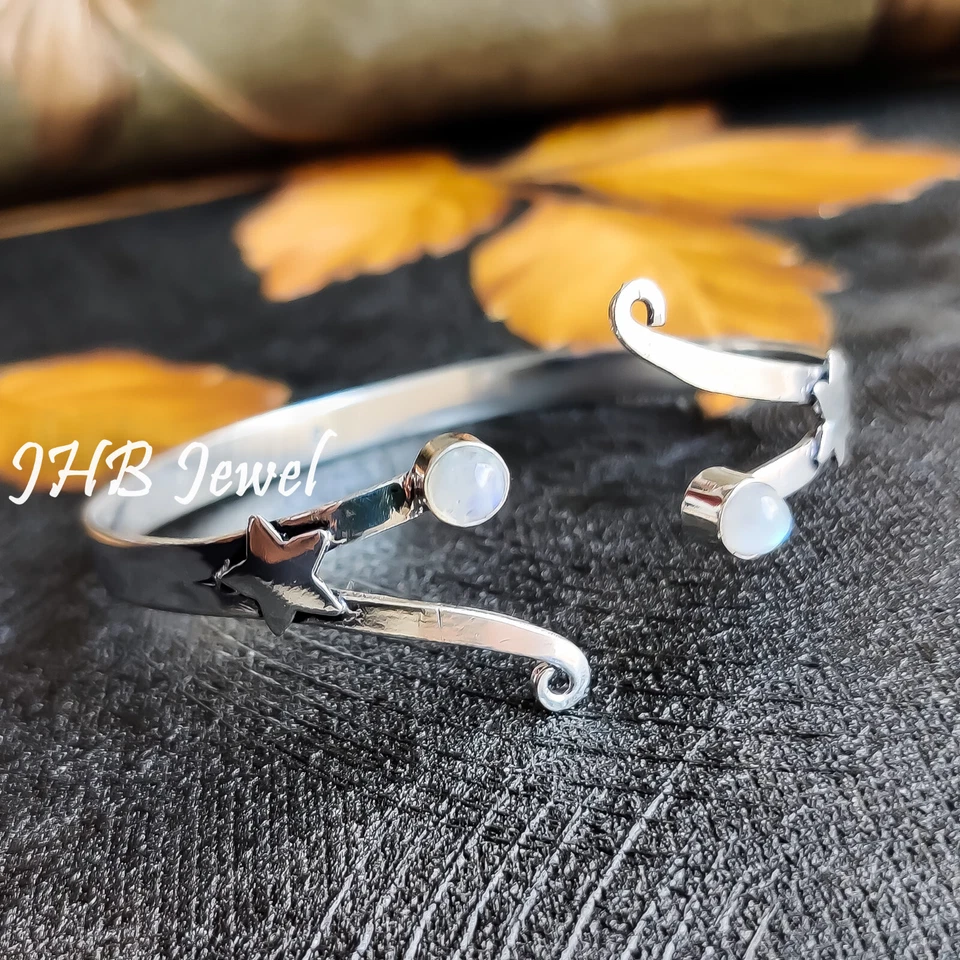 Радужный лунный камень драгоценный камень серебро 925 пробы браслет манжета для подруги подарок - Изображение 2 из 4