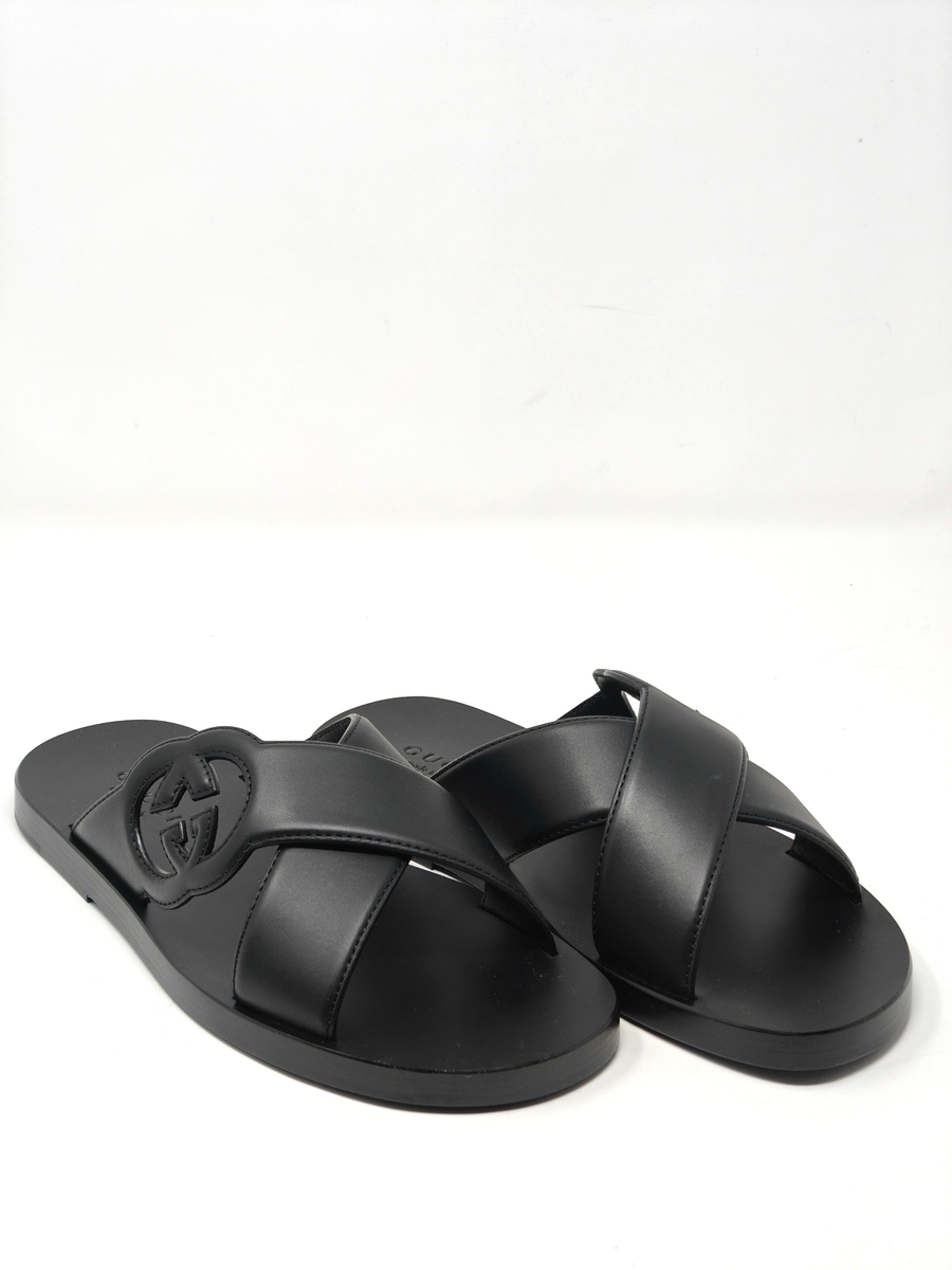 Gucci Black Leather Sandals Cross Slides GG Men's Arab UK 7 US 8