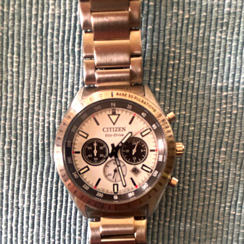 Citizen Eco-Drive Chronograph Tachymeter Silver SS Bracelet White/Black Dial