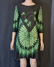 Black Boho Shift Dress Green Feather Print Flowy 3/4 Sleeves Scoop Neck Knee L