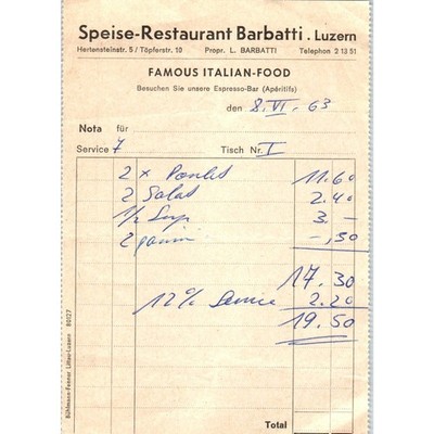 1960s Speise-Restaurant Barbatti Luzern Receipt Italian Food AF7-E9