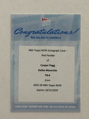 COOPER FLAGG 2025-26 Topps NOW 6 REDEMPTION CARD RED PARALLEL /5   REDEEMED USED