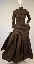 VICTORIAN 1880  S 3 PC BROWN SILK BUSTLE DRESS W BEADED TRIM  FULL VOLUME SKIRT