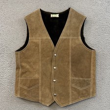 Vintage Suede Sherpa Vest Mens Small Brown 80s Lined Snap Western Cowboy Outdoor