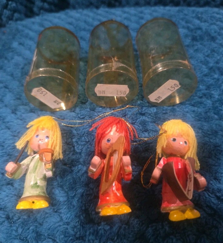 Lot Of 3 Vintage 1950's Wooden Band Angels Each In Plastic Cylinder Container