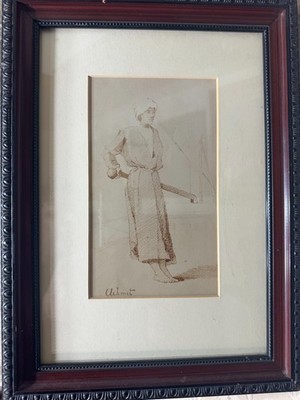 Vintage Figure Study Drawing Signed Achmet Framed Behind Glass Sepia Sketch