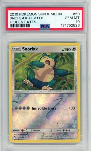 2019 POKEMON SUN & MOON #50 SNORLAX REVERSE FOIL GEM MT PSA 10 HIDDEN FATES