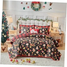 Christmas Quilt Set 3PC Queen Bedspread Coverlet, Black Red Sleigh Gingerbread 