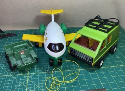 3 Vintage Fisher Price Vehicles Jetliner Airplane #182 Sports Van #318 Ranger