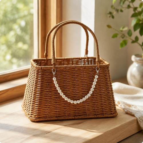 Hand-Carry Basket with Handle Decorative Plastic Rattan Woven Basket ...