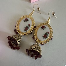 White and Maroon Rose Gold Jhumka Earrings
