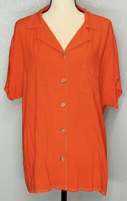 L Love Womens L Large Button Down Blouse Top Red Collared White Stitching
