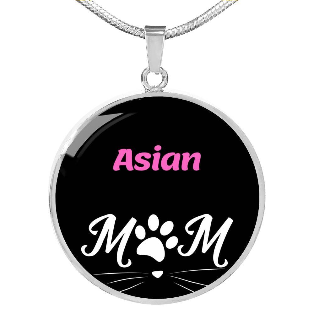 Asian Cat Mom Necklace Circle Pendant Stainless Steel or 18k Gold 18-22
