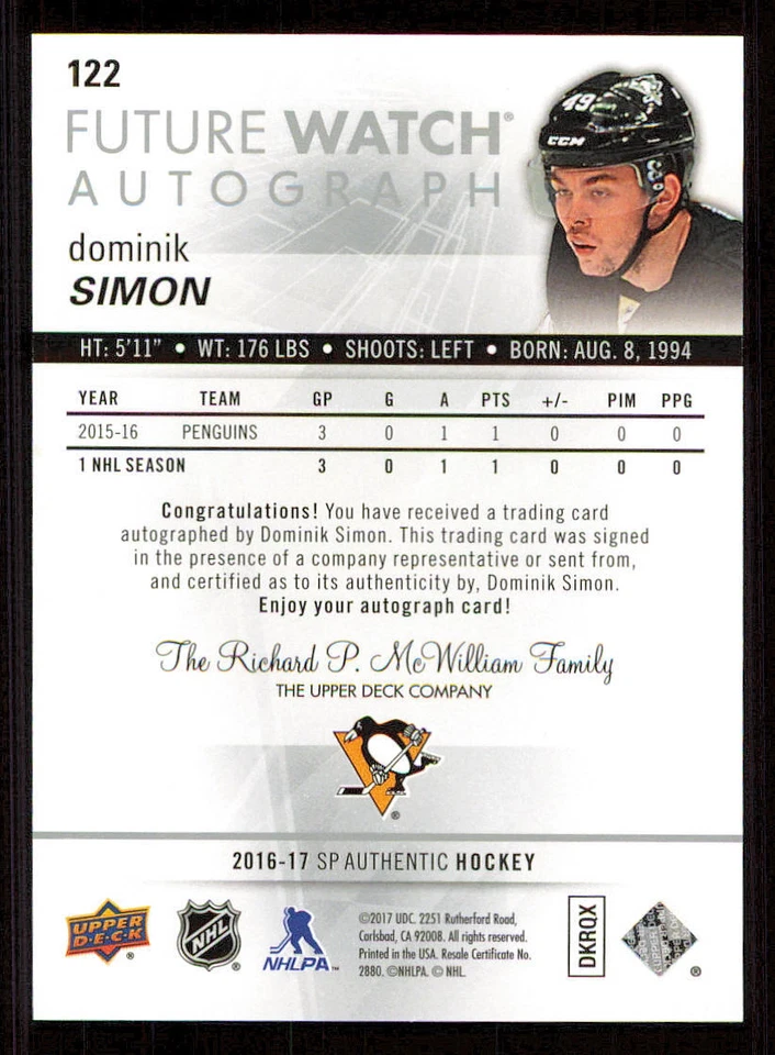 2016-17 SP Authentic #122 Dominik Simon FW AU RC /999 - Image 2 of 2