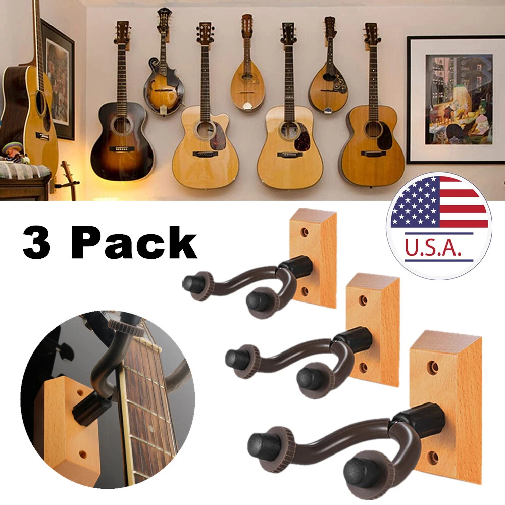 3 Pack Guitar Wall Mount Hanger Wooden Guitar Holder Stand Display