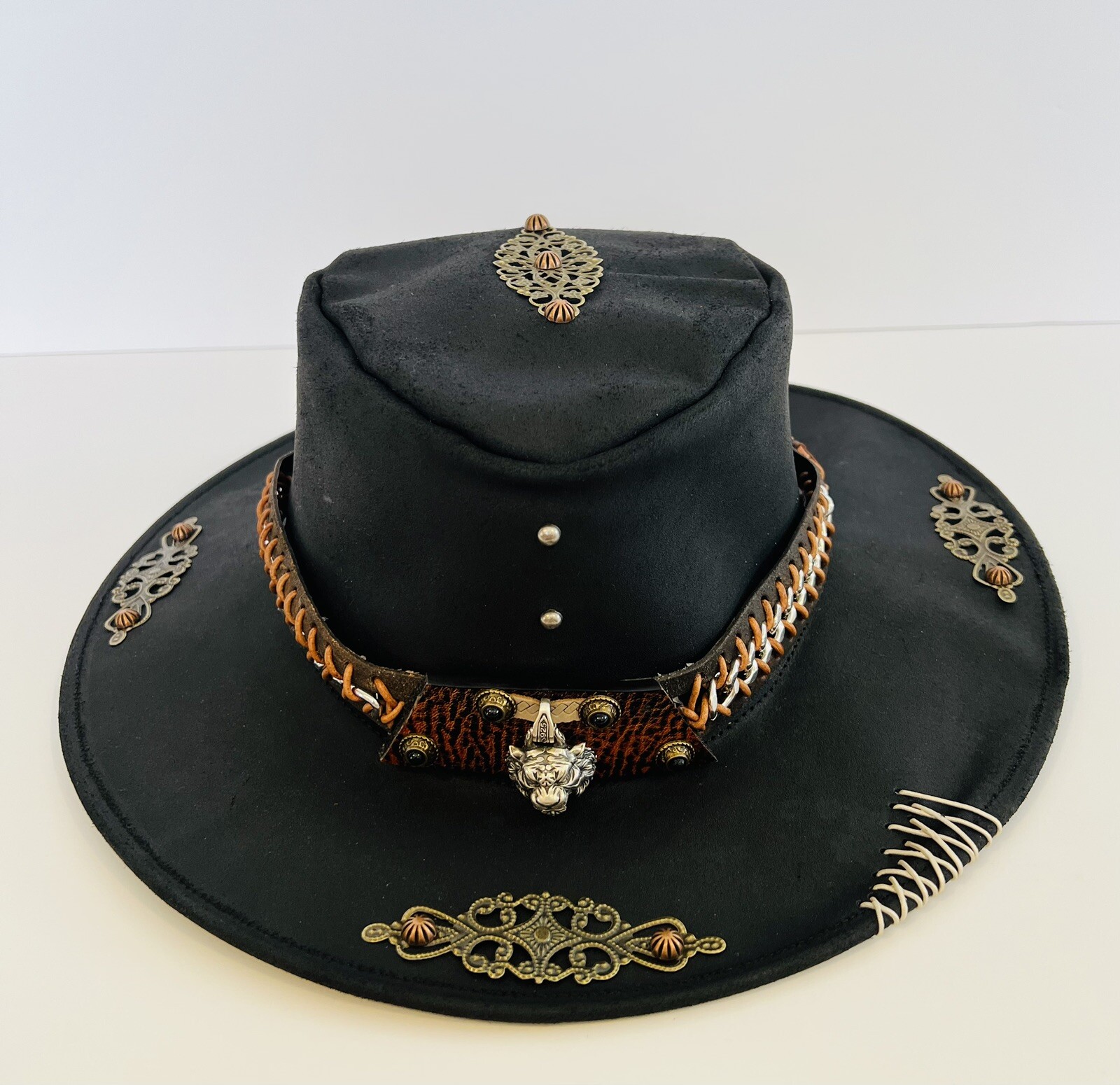 Hat Leather  Flat Brim Hunter Hunt Tiger image 2