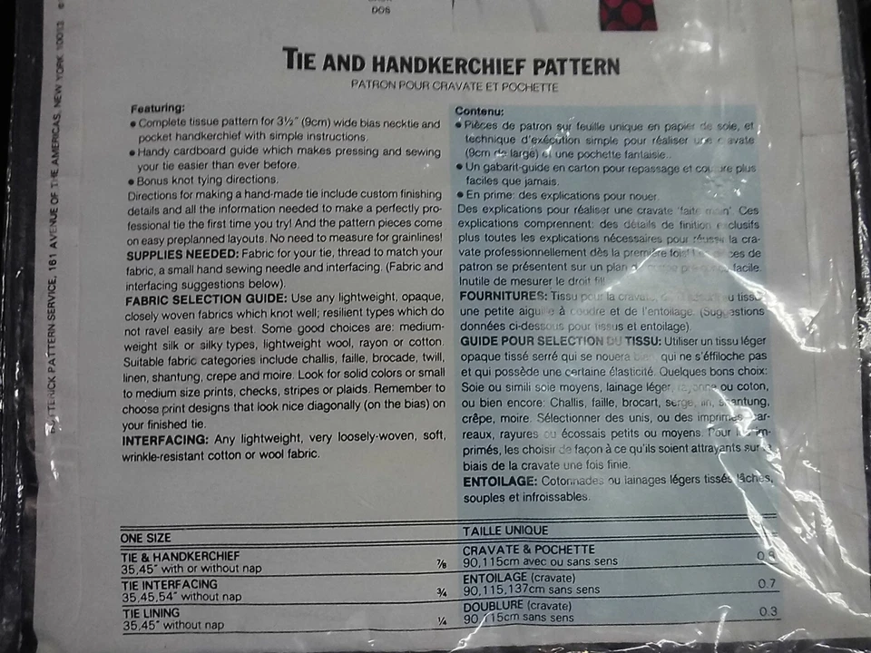 1990 VOGUE / BUTTERICK~PROFESSIONAL TIE KIT~TIE & HANDERKERCHIEF PATTERN~VINTAGE - Image 4 of 4