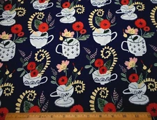 Quilt Fabric By Yard Salmon Yellow Pink Floral White Cups Navy Premium Cotton #C