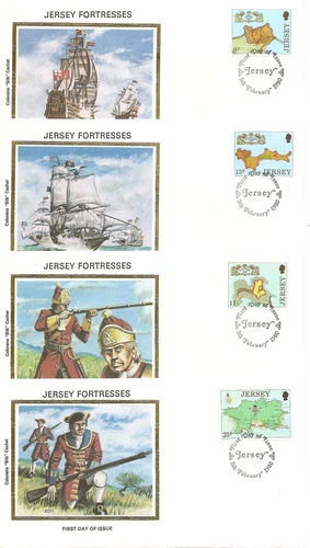 Jersey SC # 222-225 Jersey Fortresses FDC. 4 Covers Set. Colorano Silk Cachet