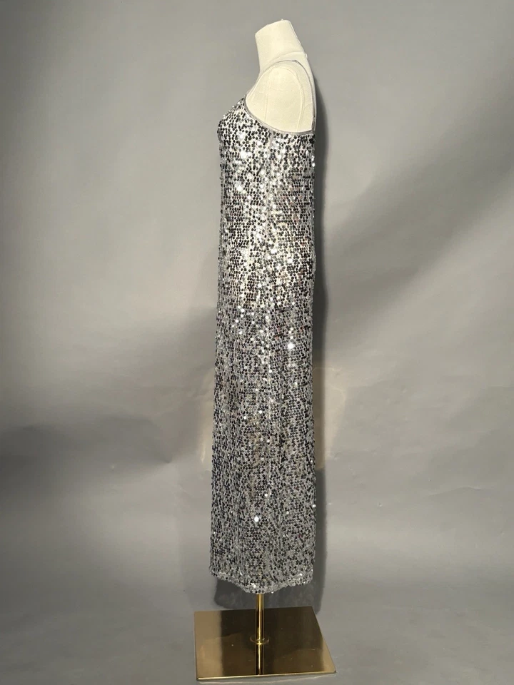 Vintage Style Size Small Silver Sequin Dress Gown Long Formal Party Cocktail - Image 4 of 4