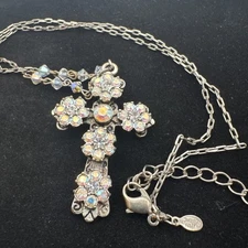 Vintage Kirk's Folly White Rhinestone AB Cross Pendant Necklace